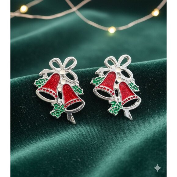 Vintage Red & Green Enamel Christmas Bell Clip-On Earrings Silver-Tone Holiday J - Picture 1 of 4